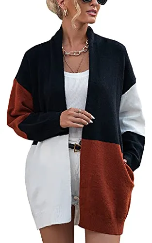 Womens Cardigan Color Block Striped Draped Kimono Cardigans Long Sleeve Open Front Casual Knit Sweaters Coat Outwear