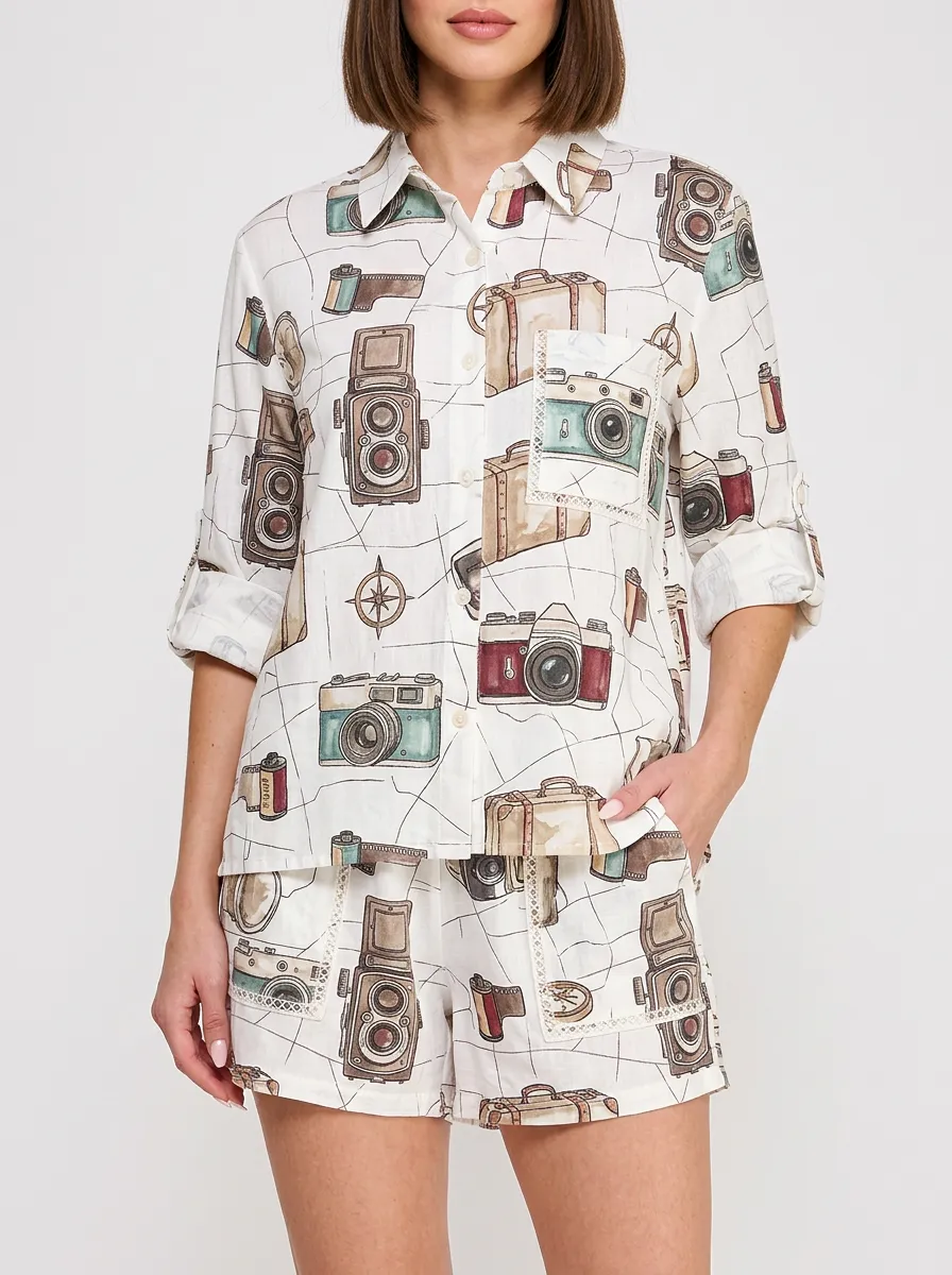 Women's Travel Photographer Vintage Camera Printed Shirt