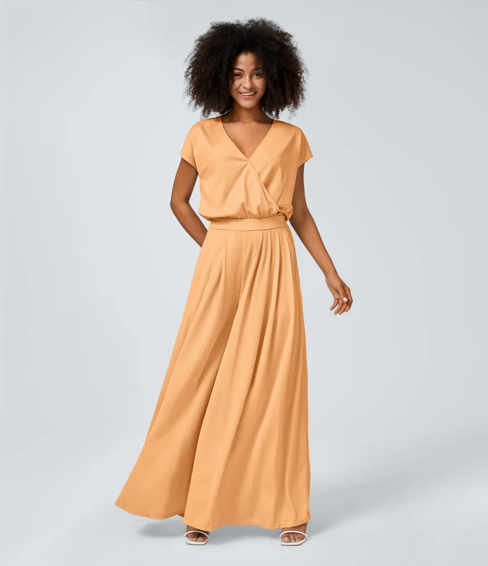 V Neck Short Sleeve Side Pocket Wide Leg Flowy Waffle Casual Jumpsuit