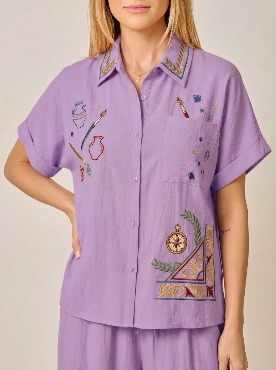 Women's Artist Explorer Compass Pottery Embroidered Button-up Shirt