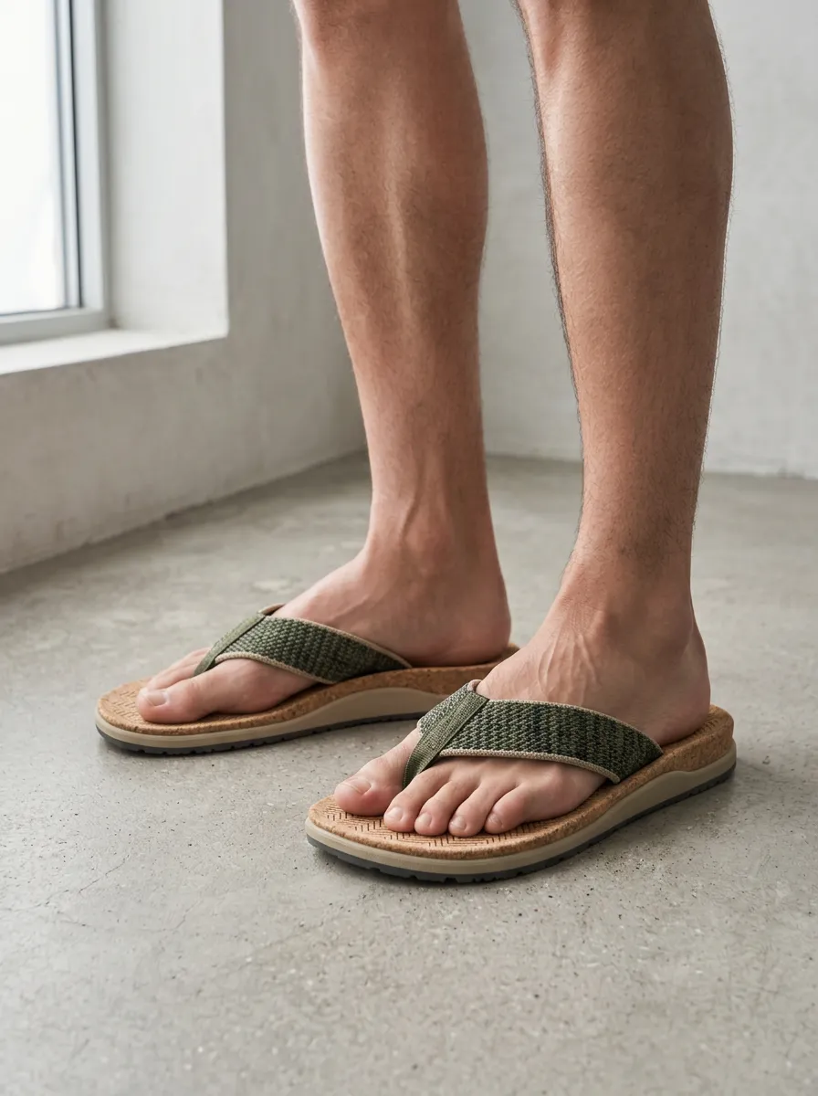 Men's Casual Summer Olive Woven Strap Cork Printed Flip Flops