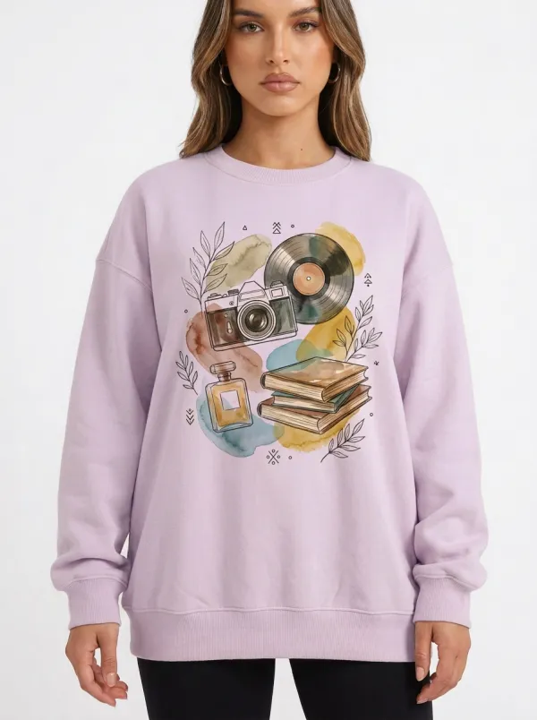 Women's Aesthetic Hobby Camera Vinyl Book Graphic Sweatshirt