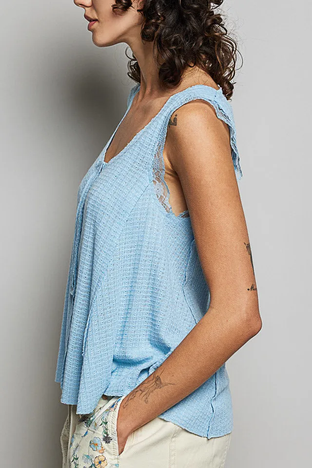 Refined Round-Neck Buttoned Knit Lace Tank Top