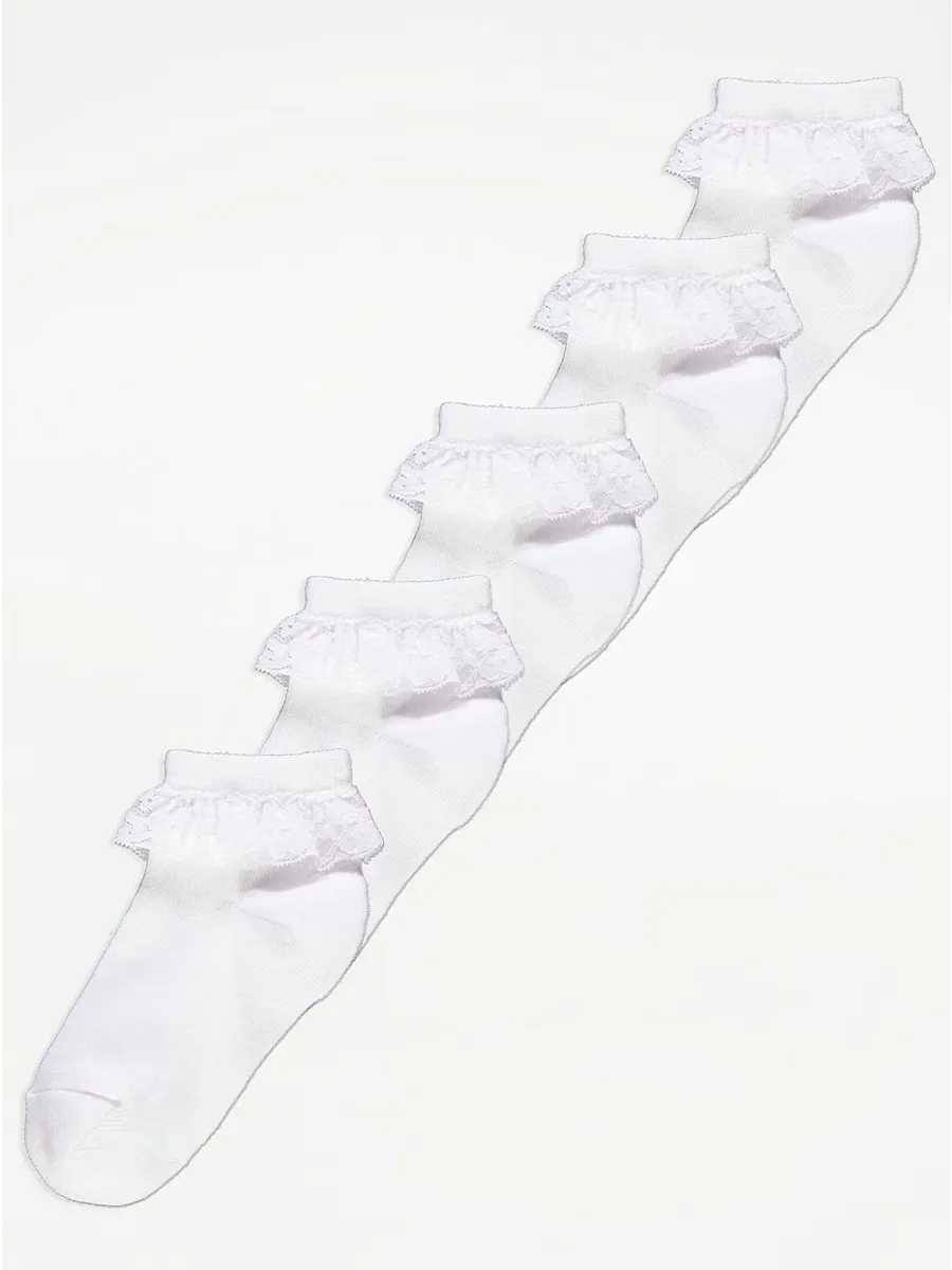 White Lace Top Cotton Rich Ankle Socks 5 Pack