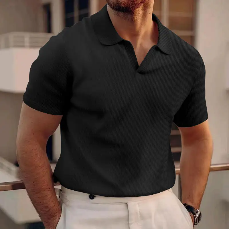 Waffle Texture Open V Neck Short Sleeve Jersey Polo Shirt