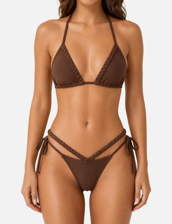 Braided Trim Halter Triangle Piece Bikini Set