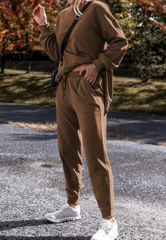 Side Slit Round Neck Long Sleeve Top And Pants Set