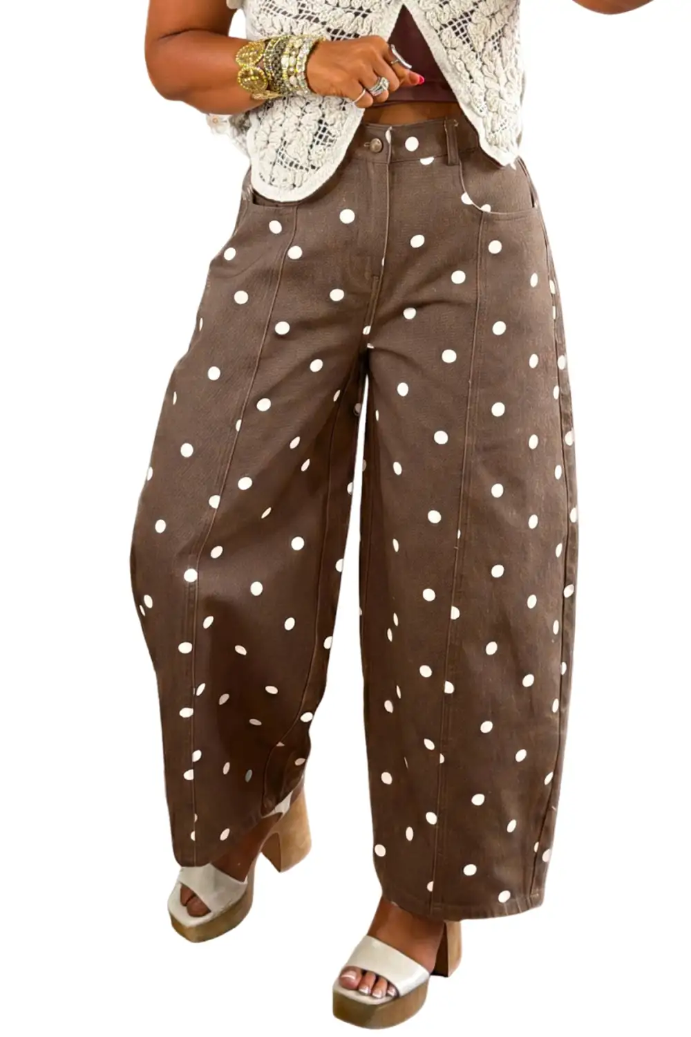 Polka Dot Relaxed Fit Barrel Leg Cropped Casual Jeans