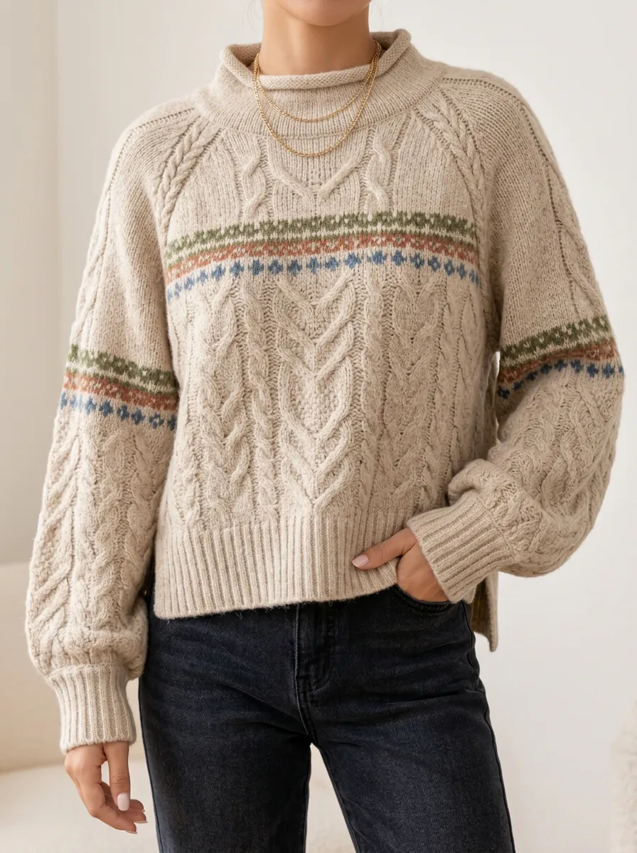 Women's Mock-Neck Fair Isle Cable-Knit Sweater