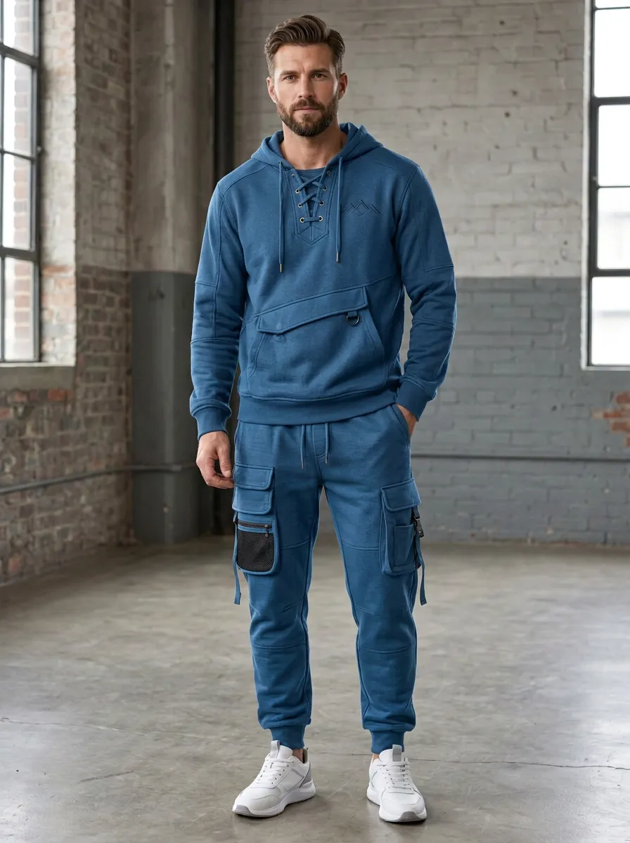 Functional Lace-Up Multi Pocket Utility Look Men's Lace Up Hoodie And Cargo Jogger Set