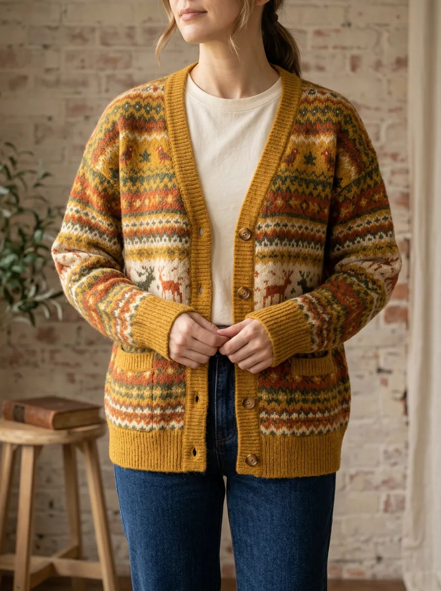 Women's Christmas Deer Fair Isle Pattern Printed Patch Pocket Casual Layering Cardigan