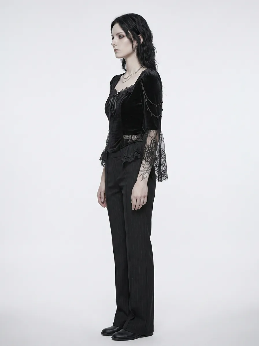 Women's Gothic Raven Lace Chain Embroidered Velvet Top