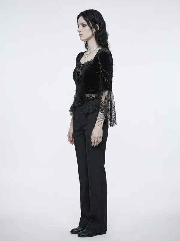 Women's Gothic Raven Lace Chain Embroidered Velvet Top