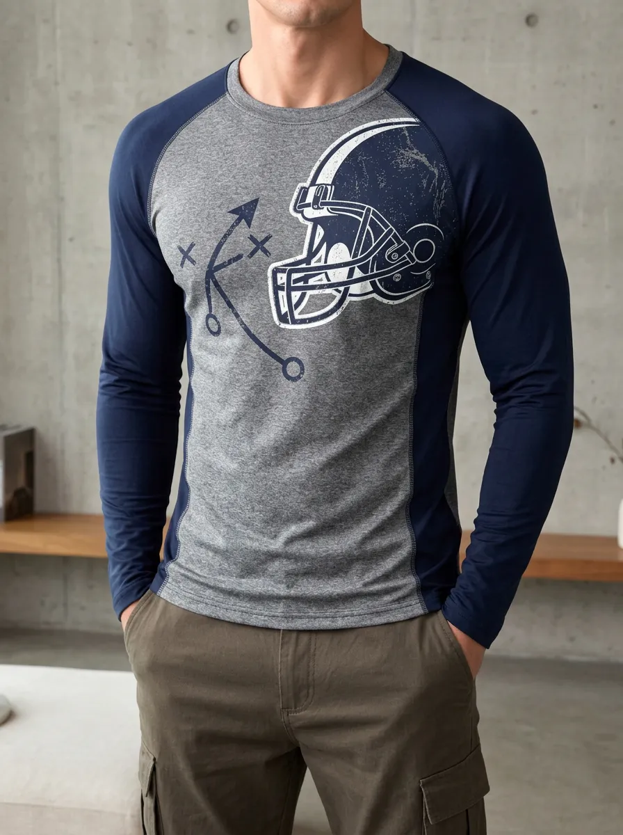 Men's Football Fan Helmet Playbook Printed Raglan Long Sleeve Top