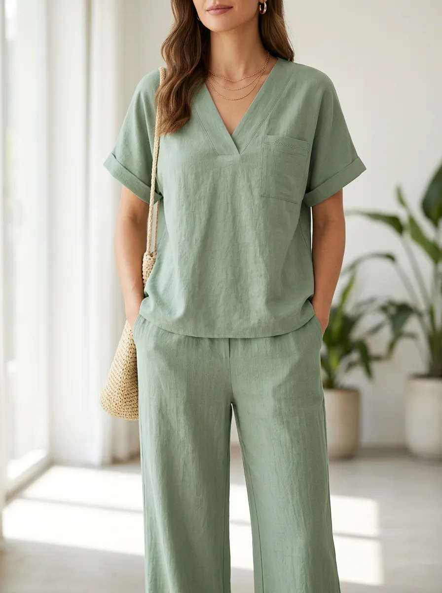Easy-Wear Pocket Short-Sleeve Women's V-Neck Shirt
