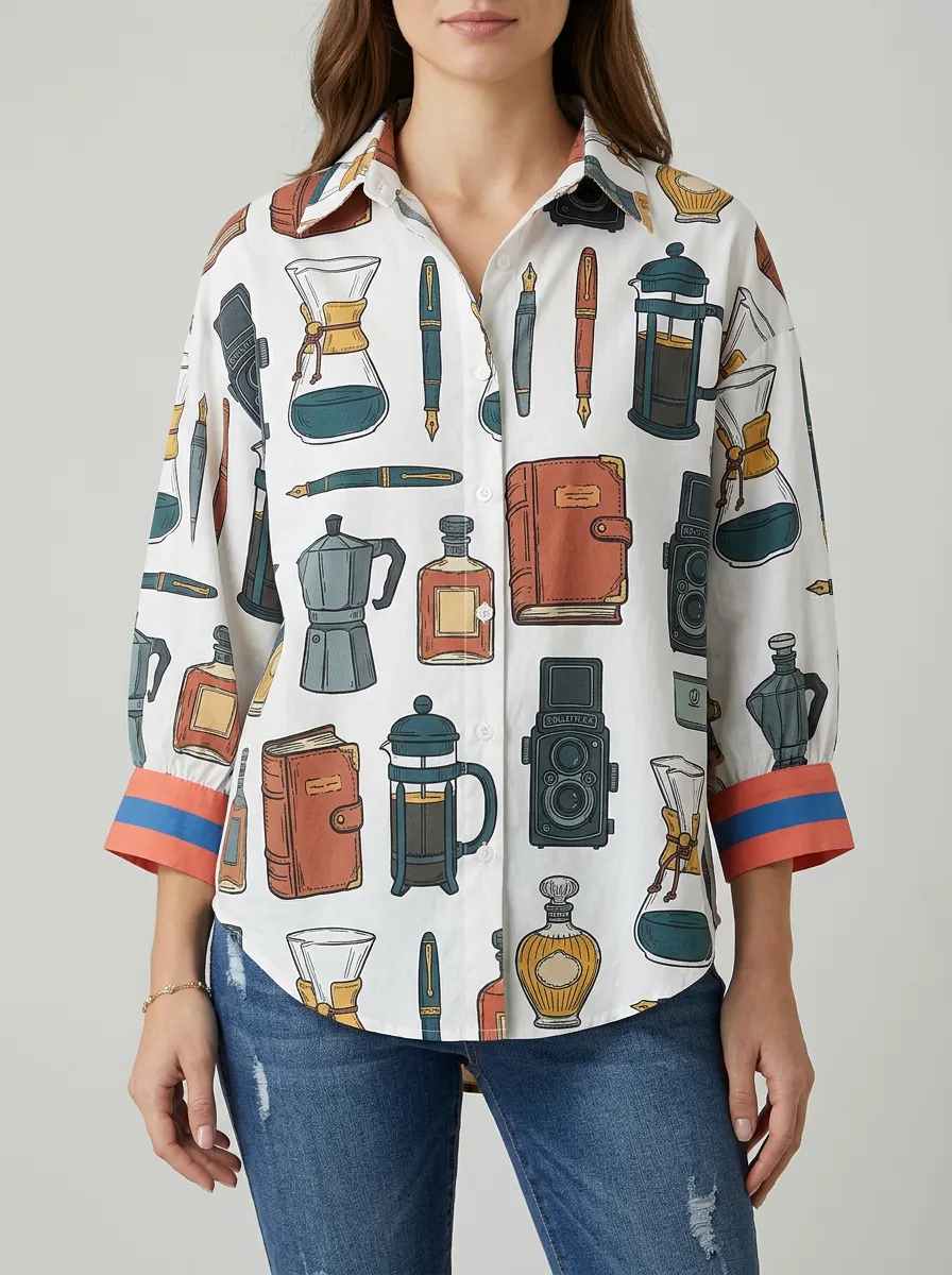 Women's Coffee Lover Vintage Stationery Printed Shirt