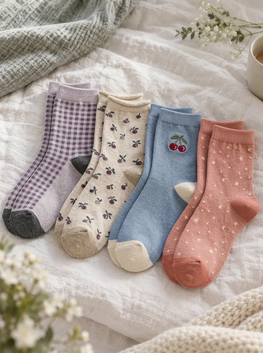 Women's Aesthetic Vintage Cherry Gingham Star Printed Socks 4-Pack