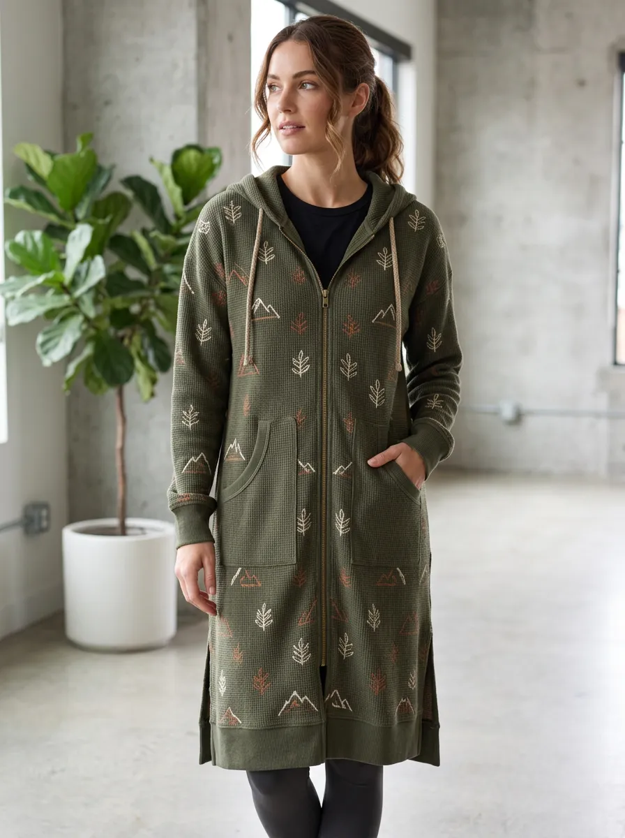 Women's Nature Lover Mountain Tree Printed Waffle Knit Cardigan