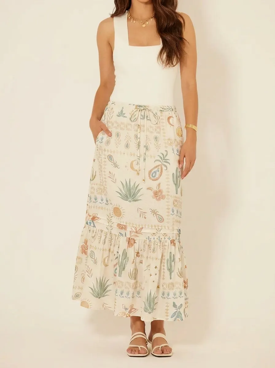 Women's Boho Desert Cactus Moon Printed Midi Skirt