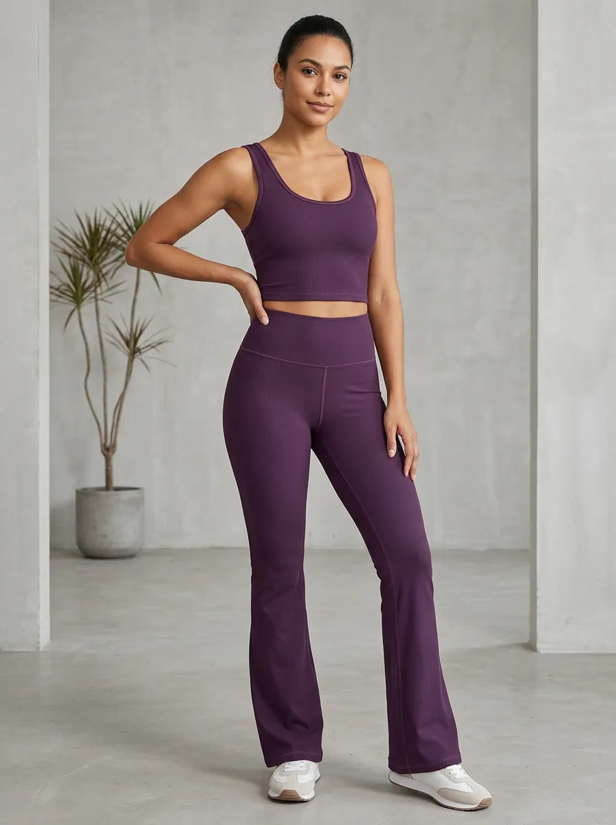 Ribbed Yoga Workout Flared-Leg Women's Tank Top Flare Pants Active Set
