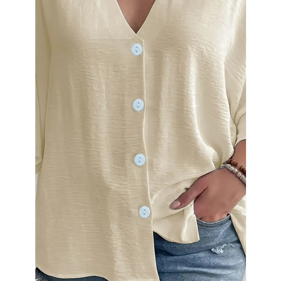 Full Size Casual V Neck Button Down Relaxed Fit Blouse Plus Size