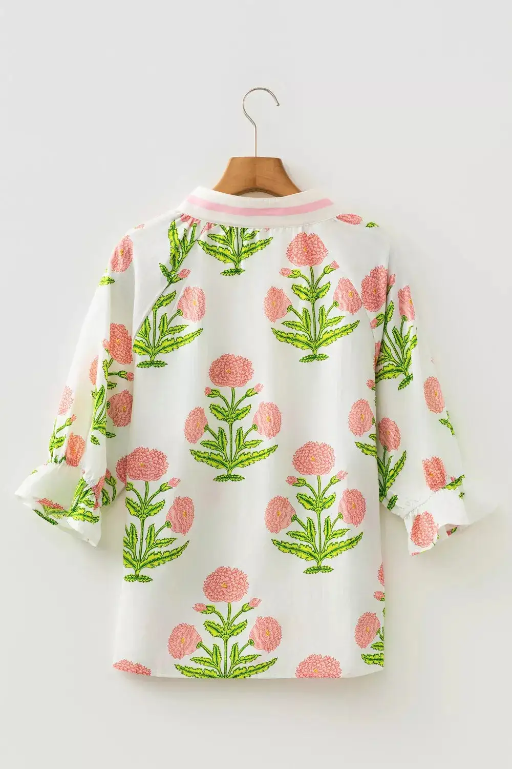 Floral Print Notched Ruffled Sleeve Blouse