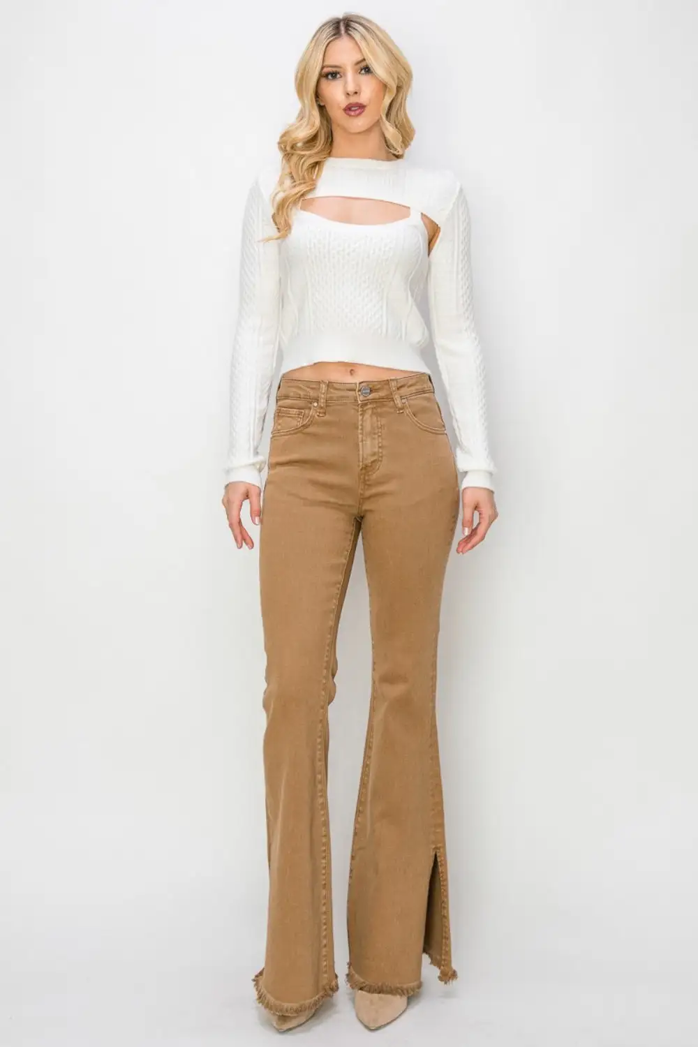 Easy High Waist Flare Leg Slit Denim Jeans