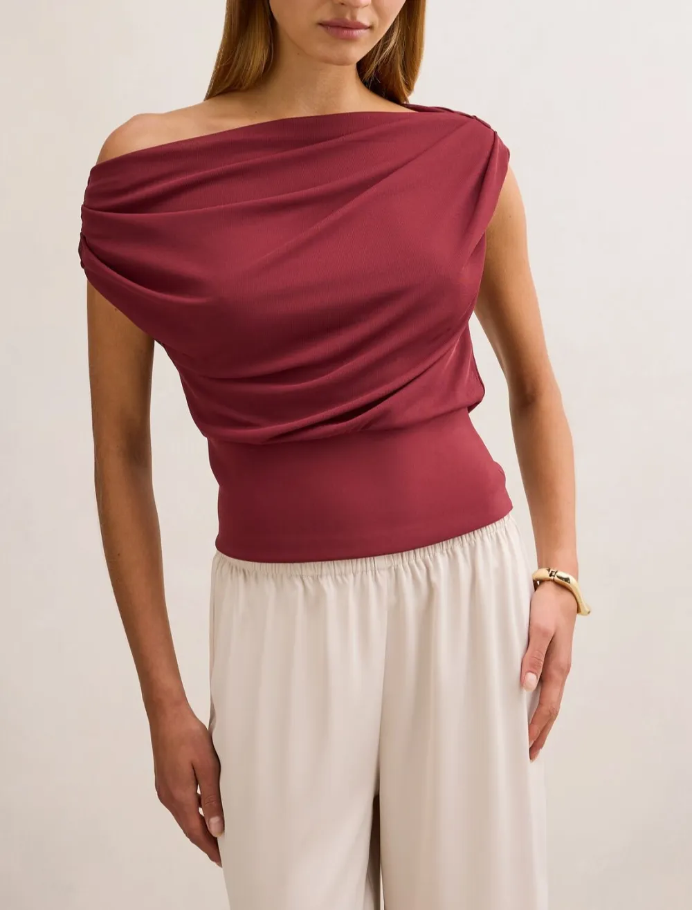 Burgundy Off-Shoulder Ruched Mesh Top