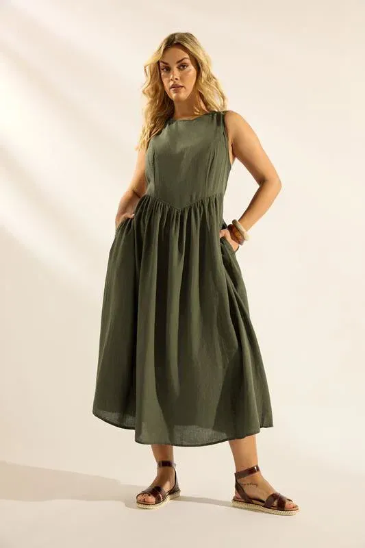 Khaki Green Sleeveless Linen Midi Dress