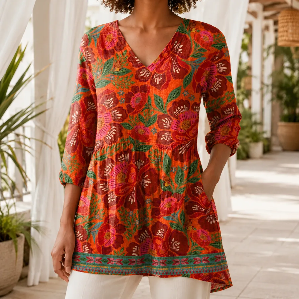 V-Neck Relaxed Gathered Blouse