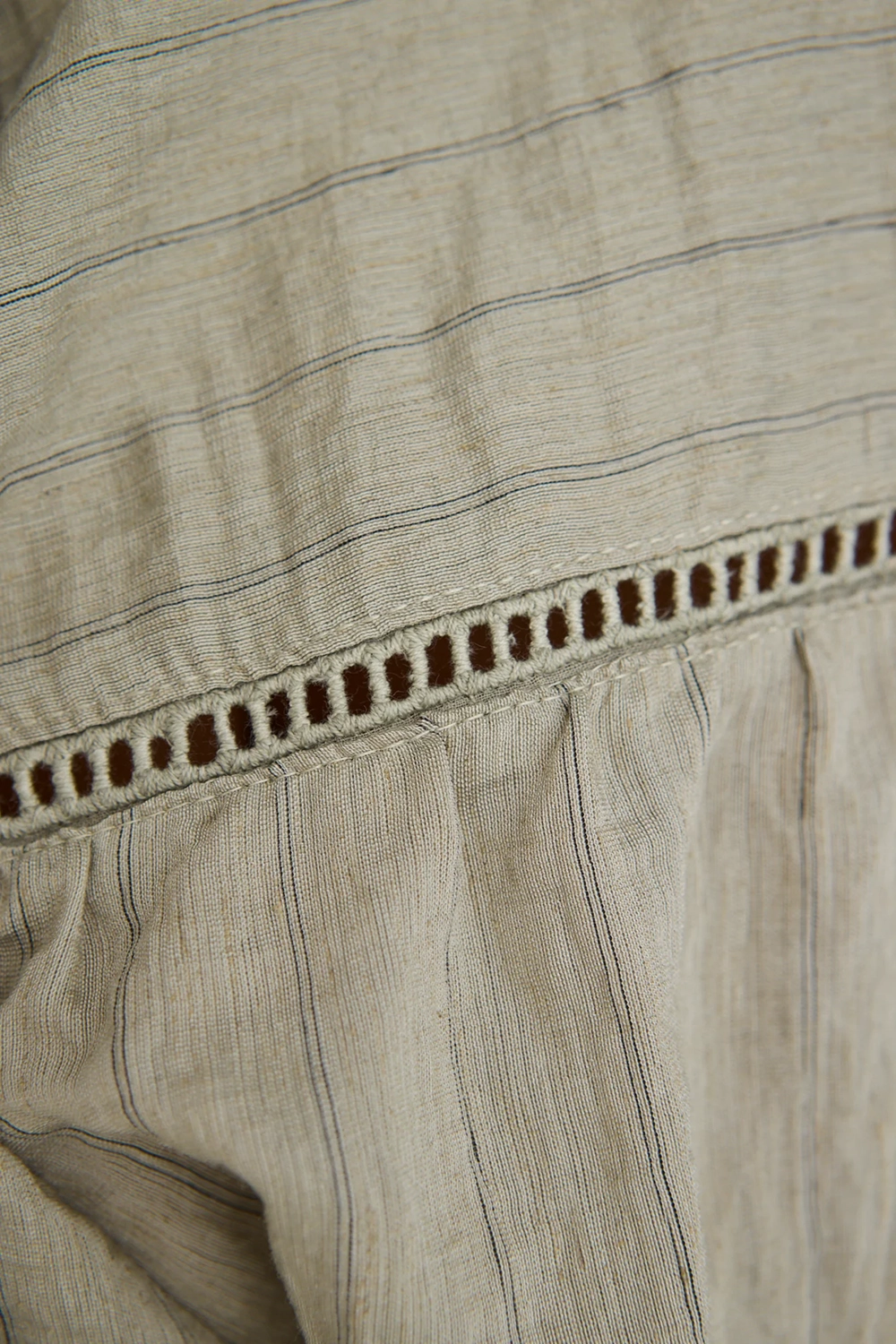 Khaki Stripe Lace Insert Linen Blouse