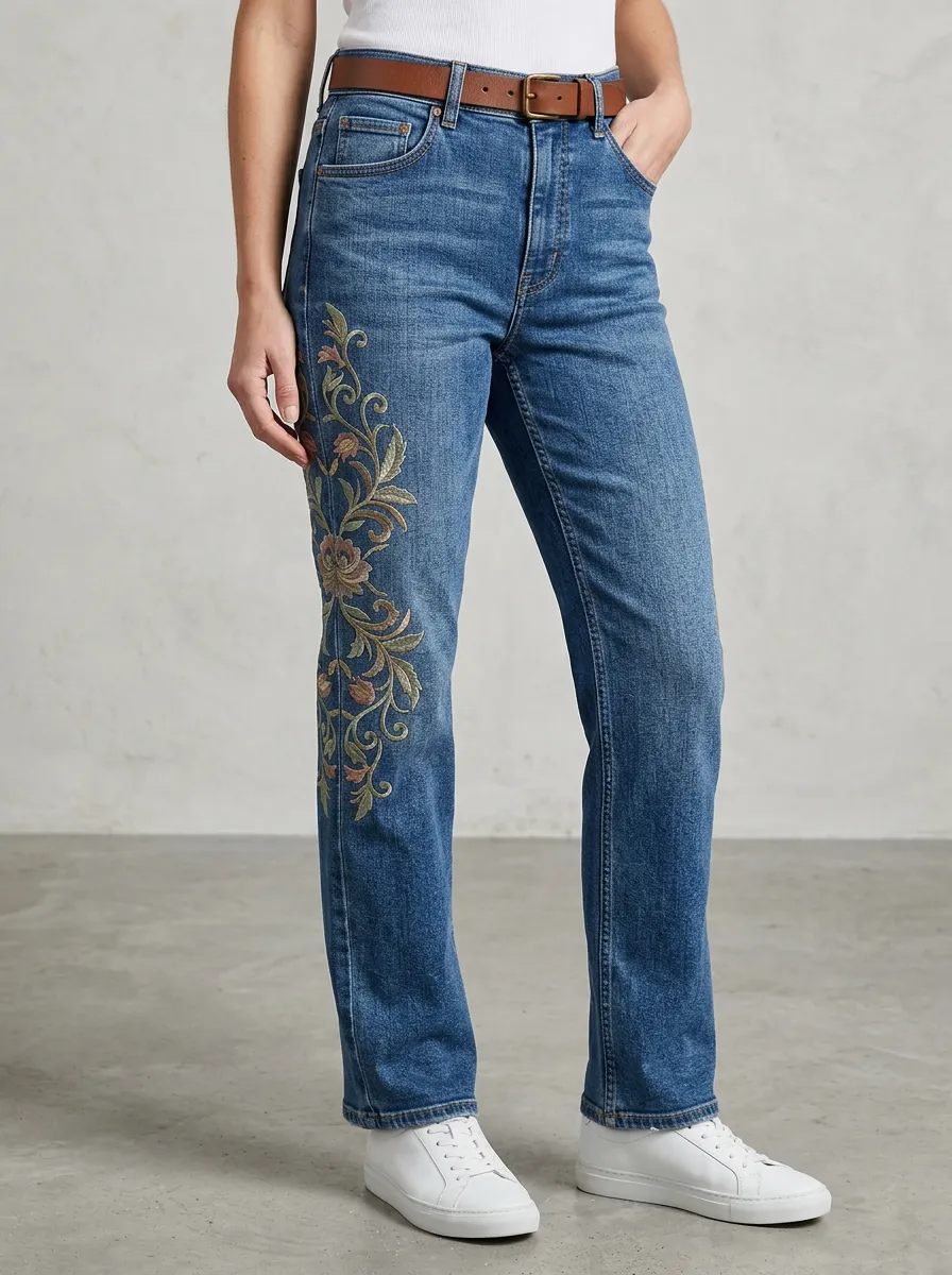 Women's Floral Pattern Embroidered Straight Leg Jeans