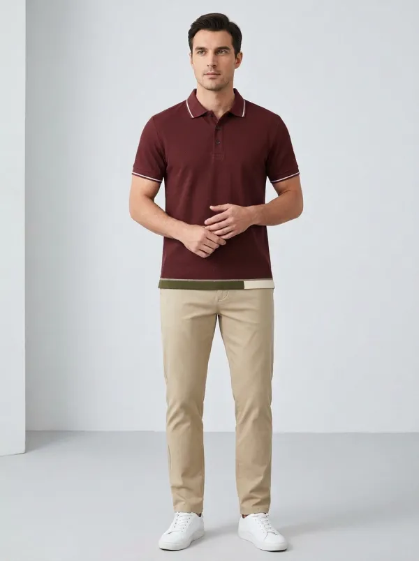 Men's Olive Green Contrast Trim Striped Hem Polo Shirt