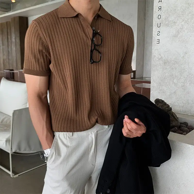 Sporty Ribbed Short Sleeve Fine Knit Polo Shirt