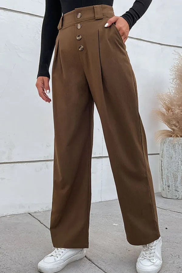 Wide Leg Pleated Pocketed Button Detail Pants