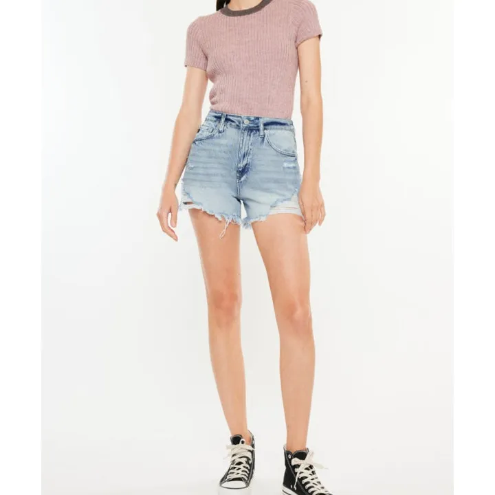 Distressed High Waist Denim Shorts with Pockets