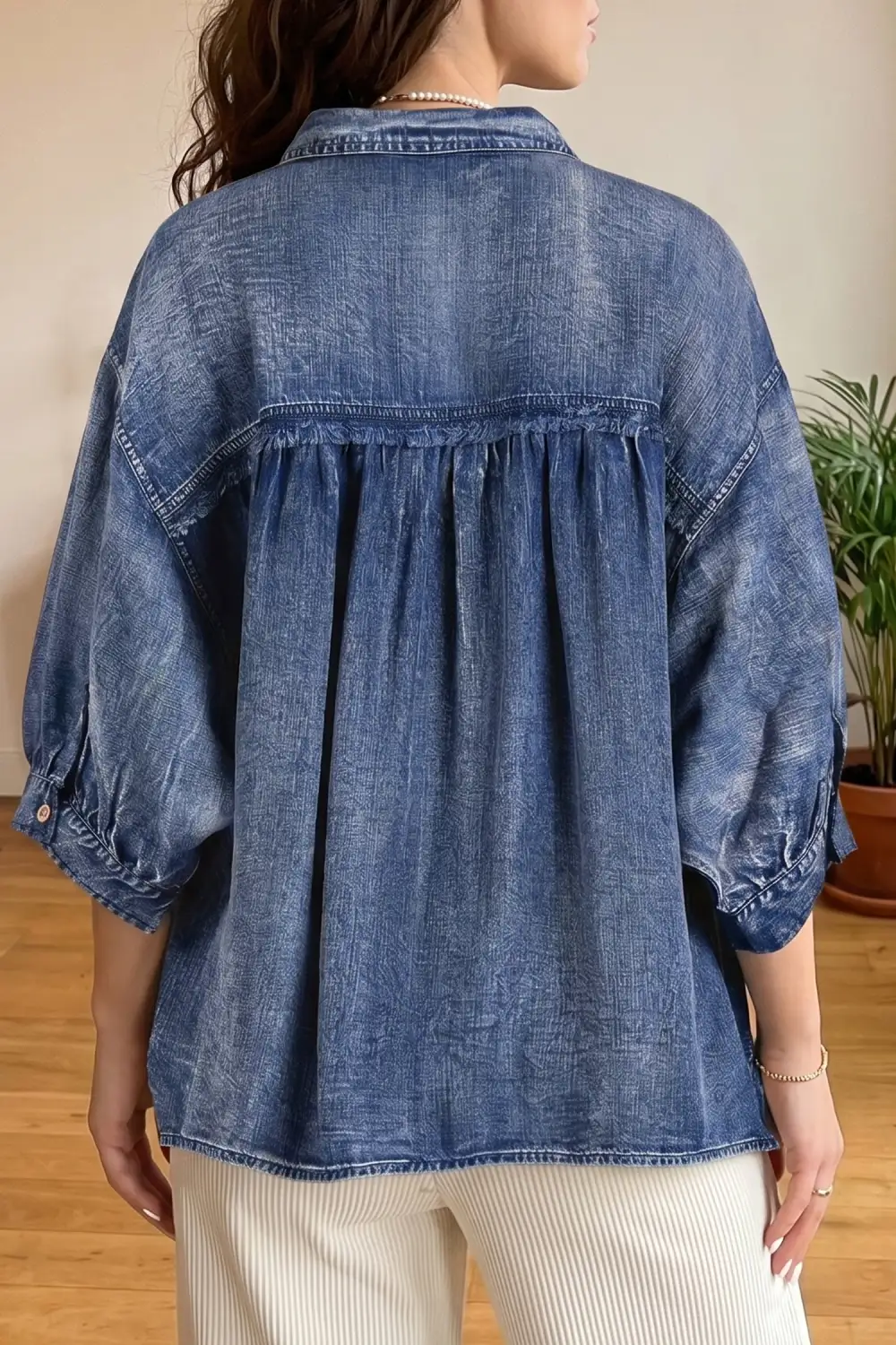 Women's Denim Three Quarter Sleeve Loose Fit Blouse