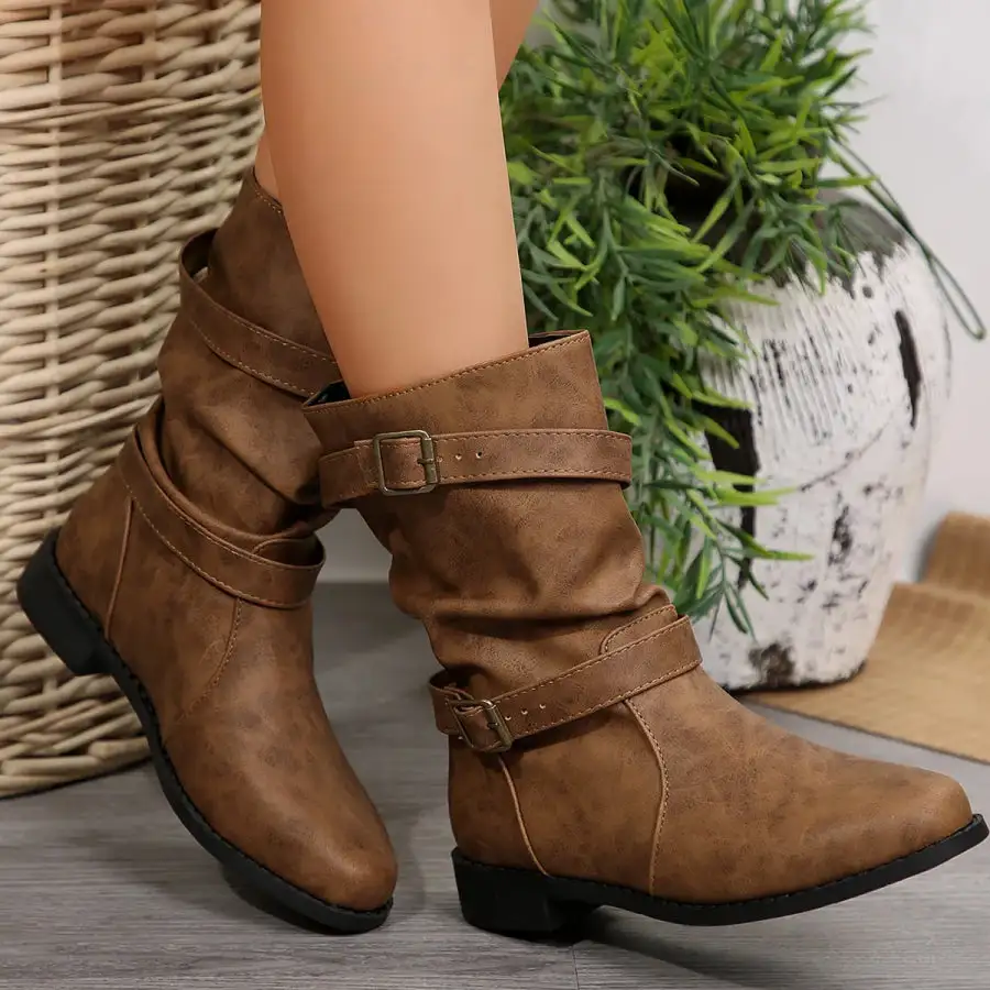 Mid Calf Buckle Strap Boots