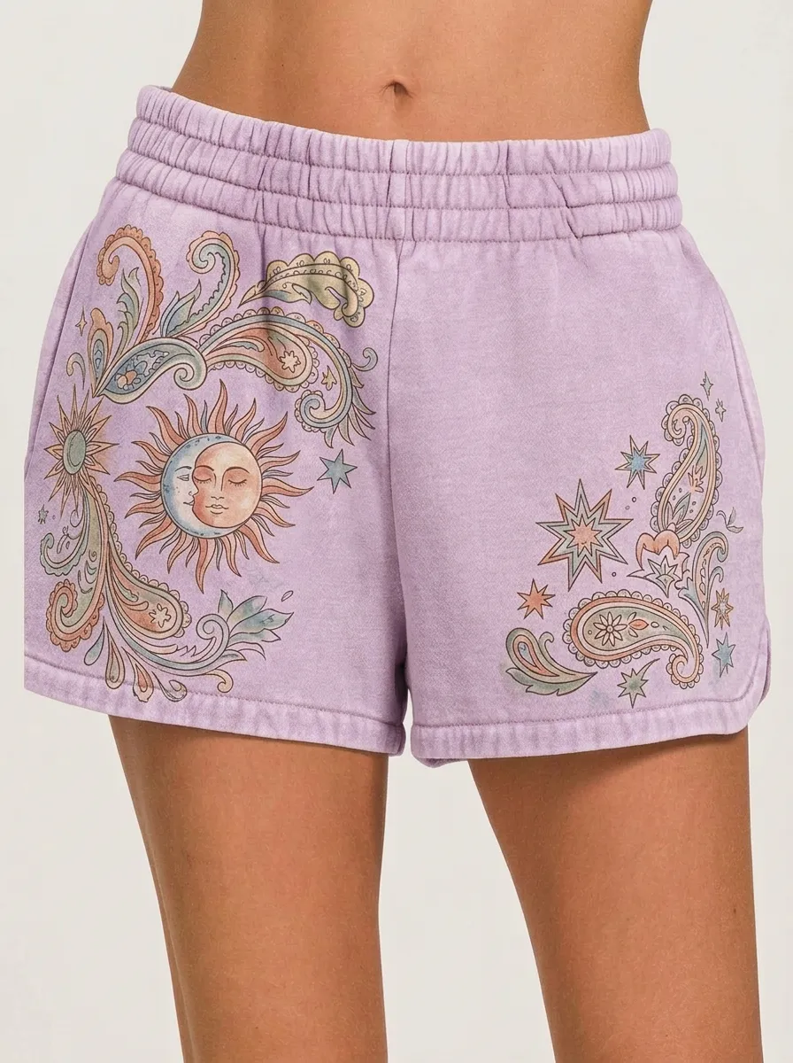 Women's Boho Celestial Sun Moon Paisley Printed Shorts