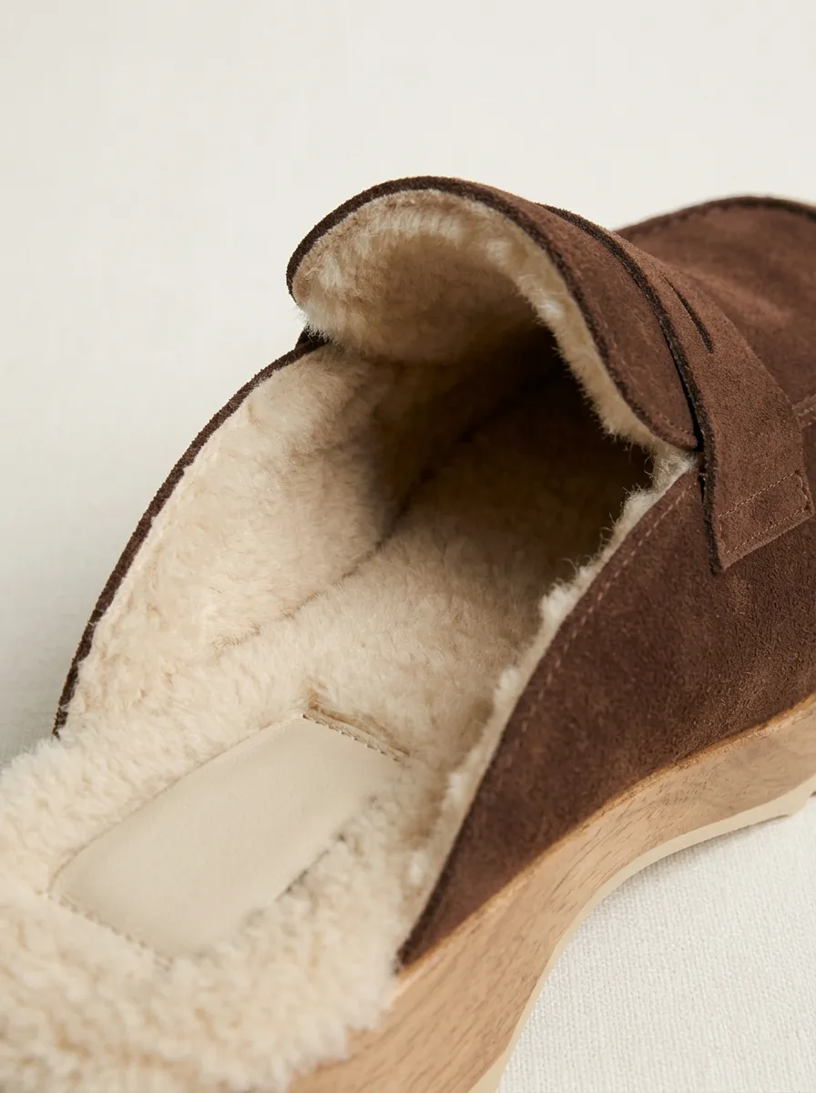 Women's Faux Fur Lined Clog Style Suede Wood Sole Loafers