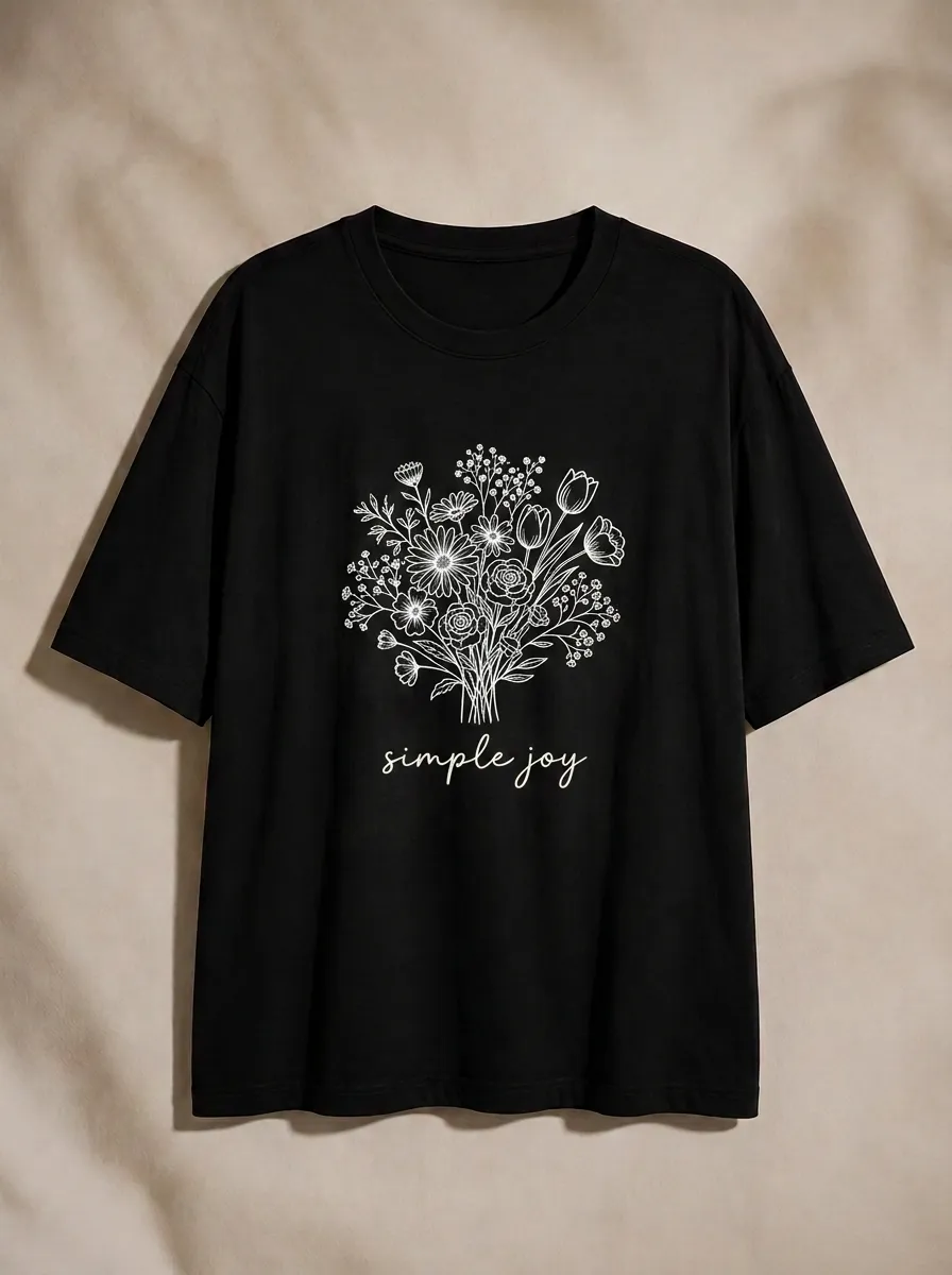 Women's Simple Joy Floral Bouquet Line Art Printed T-shirt