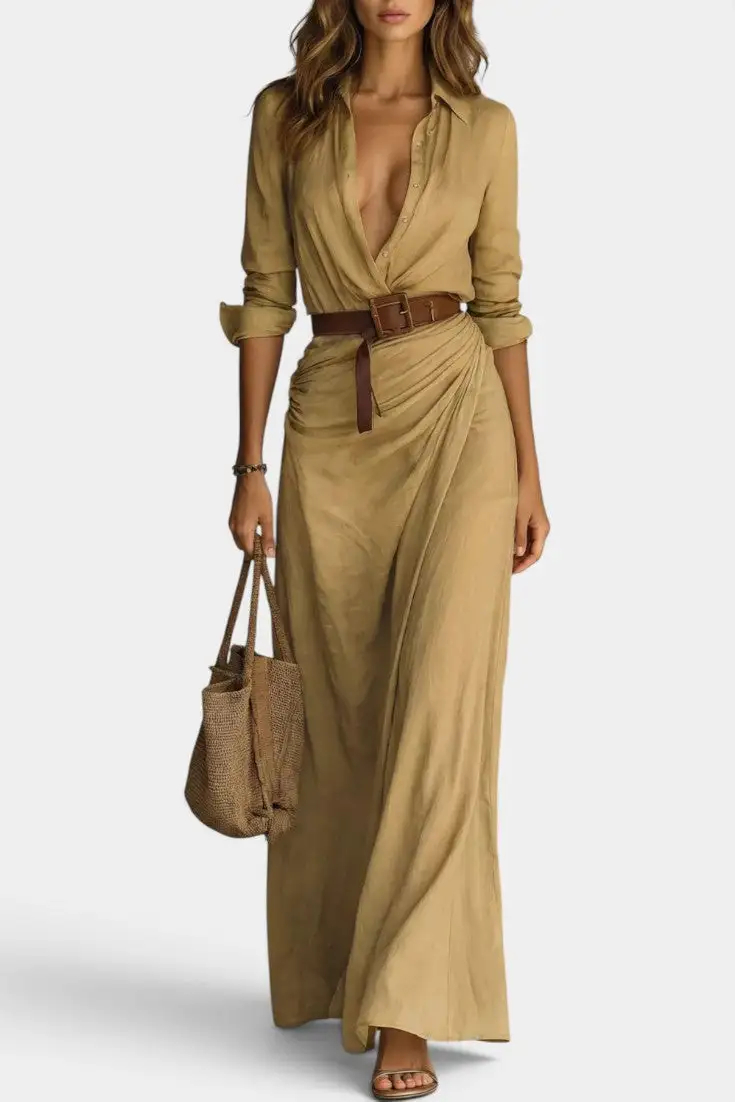Shirt-Style V-Neck Maxi Dress