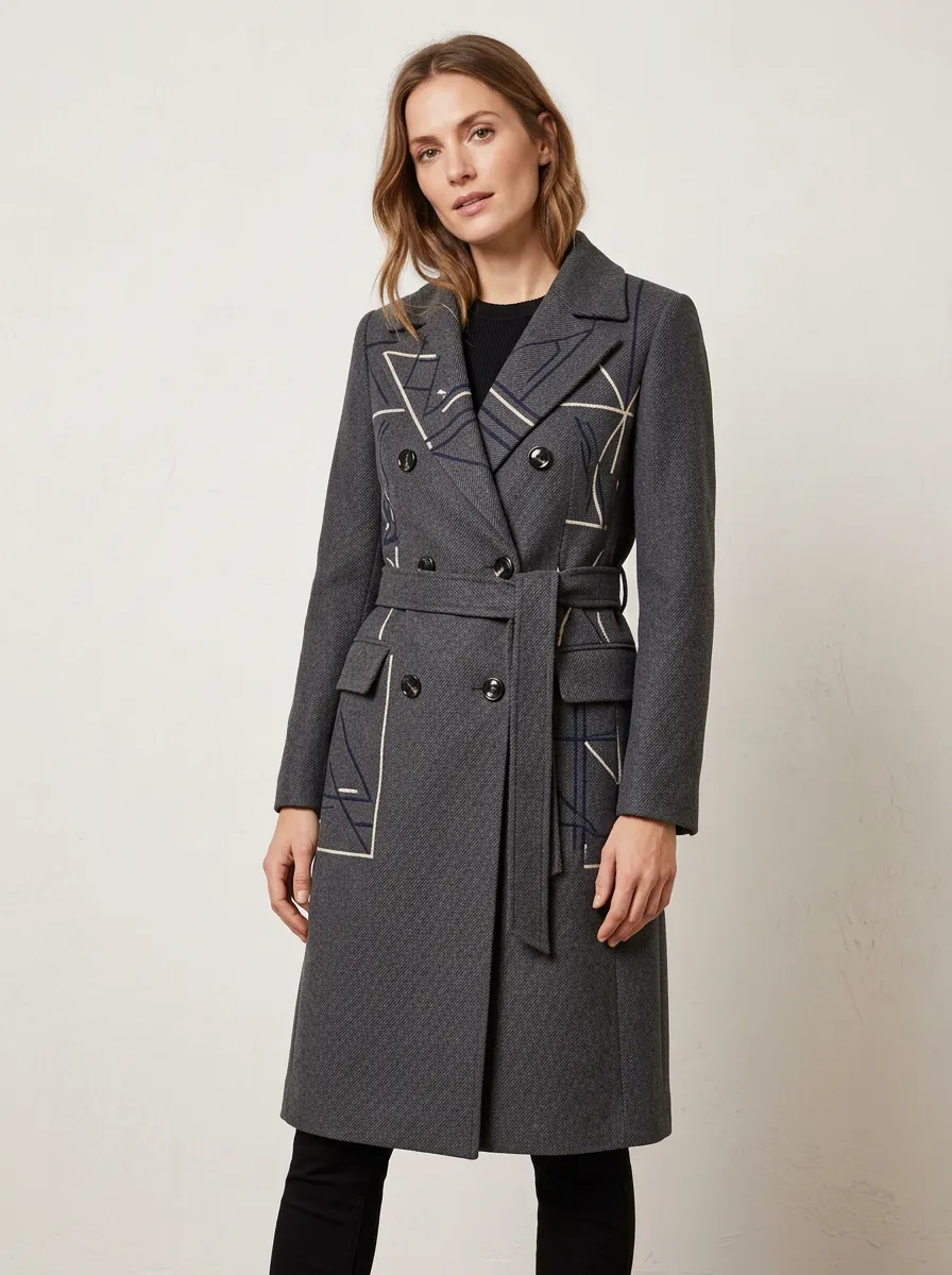 Women's Geometric Pattern Gray Wool Blend Coat