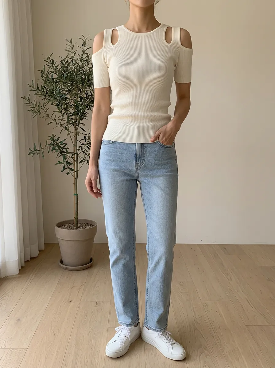 Women's Casual Minimalist Cut-out Shoulder Ribbed Knit Top