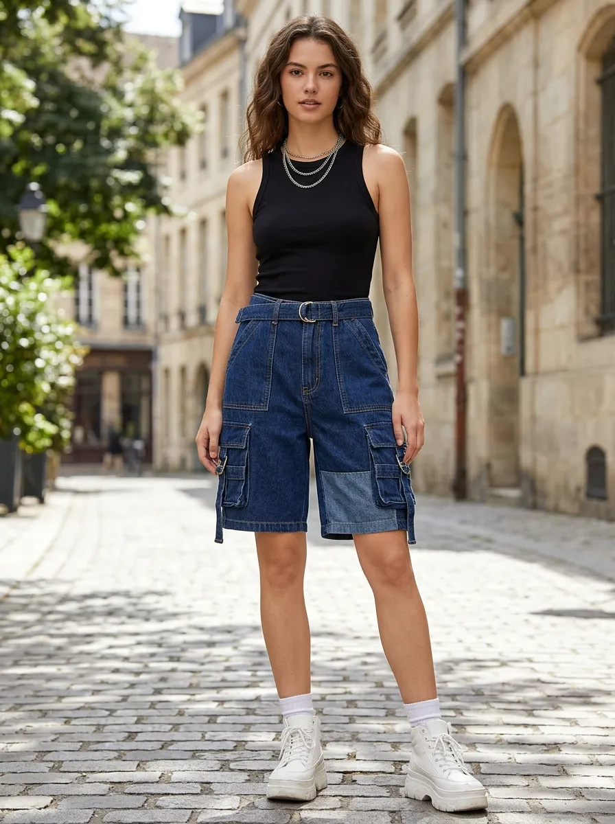Women's Casual Streetwear Patchwork Denim Cargo Shorts
