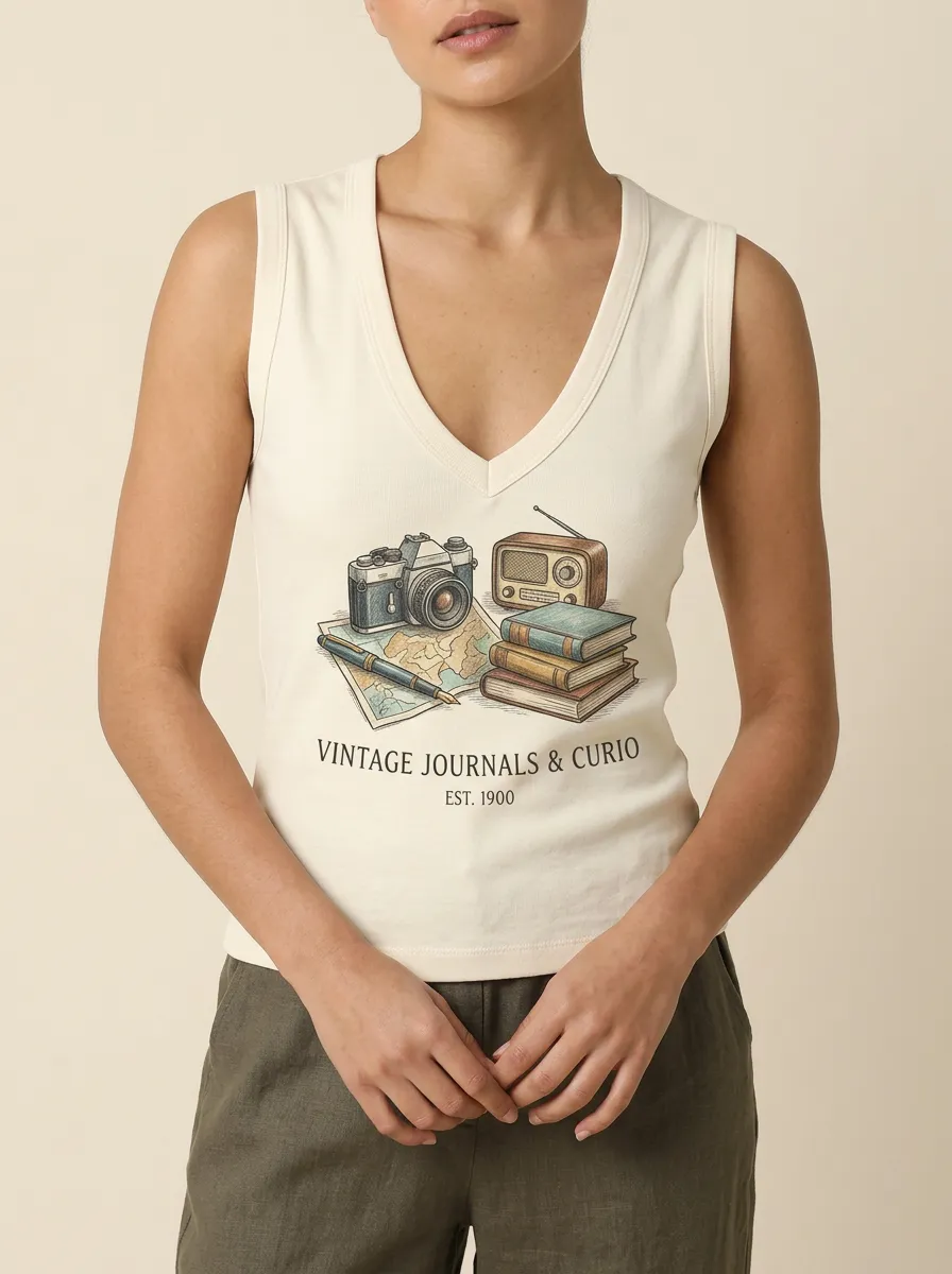 Women's Vintage Travel Hobby Camera Radio Books Printed Tank Top