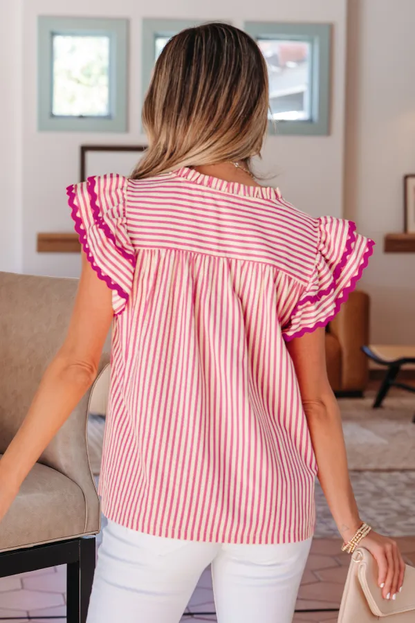 Rose Stripe Shirred Yoke Ruffled Blouse