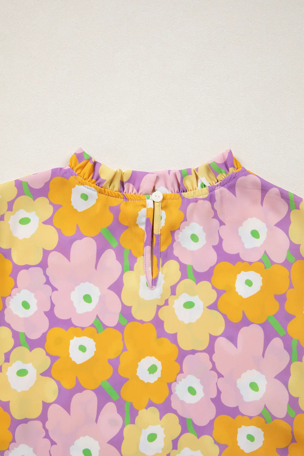Purple Frilled Neck Puff Short Sleeve Top