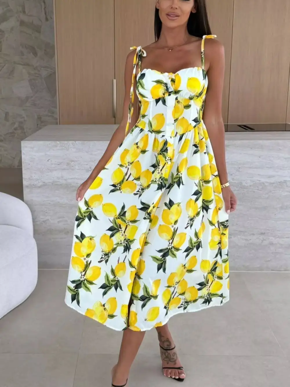 Printed Tie-strap Midi Dress