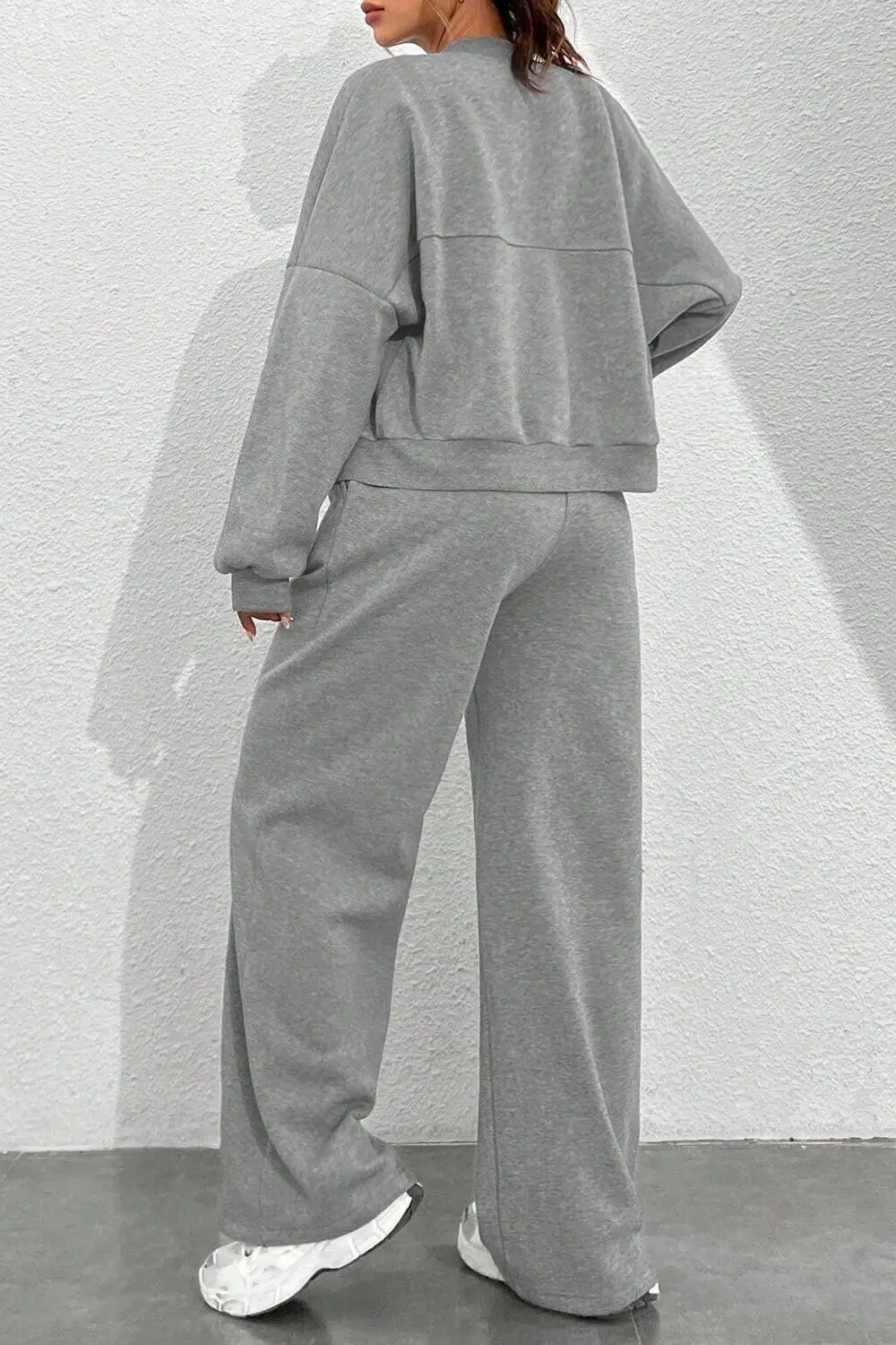 Zipper Long Sleeve Track Jacket Solid Color Wide Leg Pants Set-Black